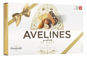 Czekoladki Avelines Karmel ze szwajcarskiej czekolady mlecznej i pasty z orzechów laskowych Gianduja 200g Favarger Idealna  na prezent