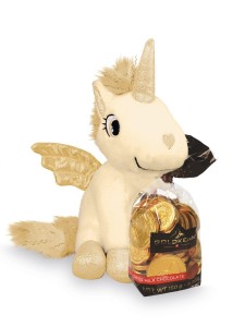 Pluszowa maskotka jednorożec z czekoladowymi złotymi monetami ze szwajcarskiej czekolady Goldkenn 150g   na prezent